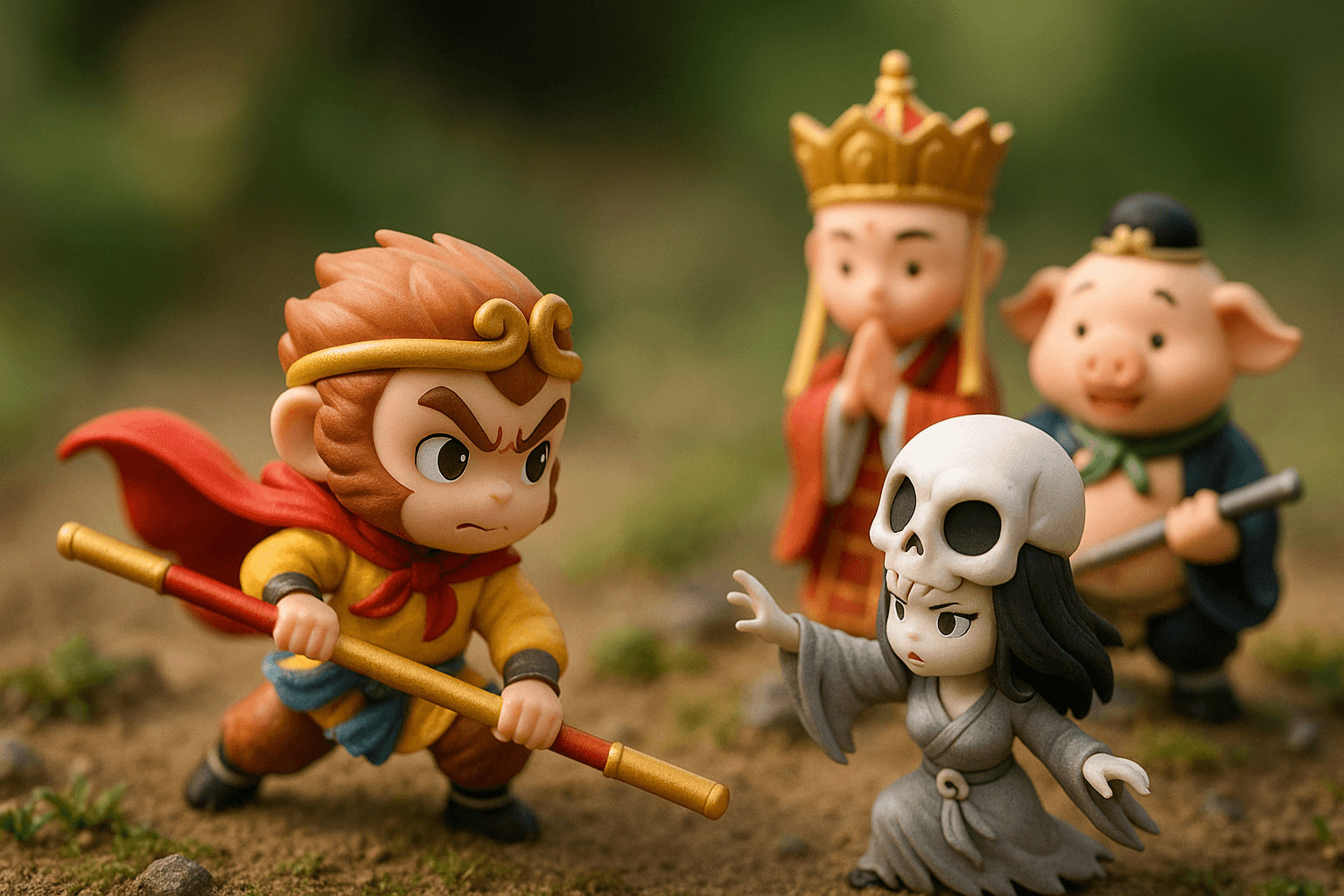 Q版孙悟空三打白骨精微型立体场景,移轴摄影风格